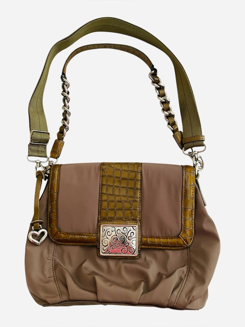 Brighton Taupe Nylon Croc Leather-Trim Shoulder Bag